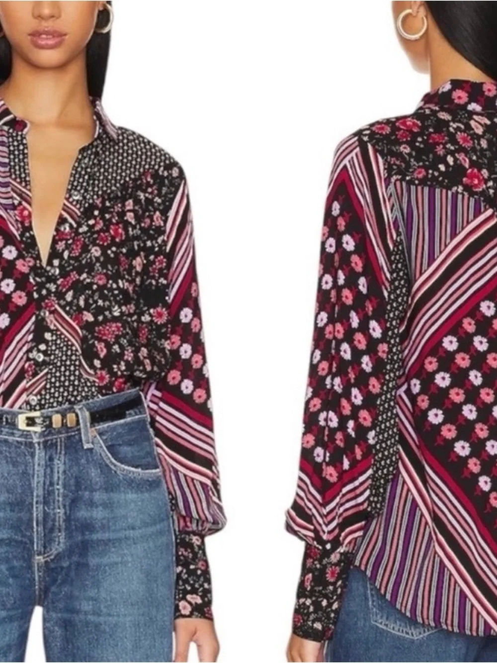 #841 FREE PEOPLE Hazel Black, Red Mixed Floral & Stripe Button-Down Blouse
